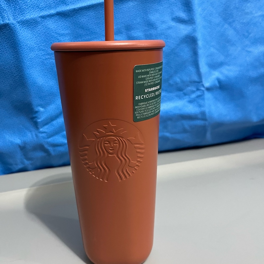 NWT Starbucks 2024 Terracotta 90% Recycled Steel Triangle Venti Tumbler w Straw